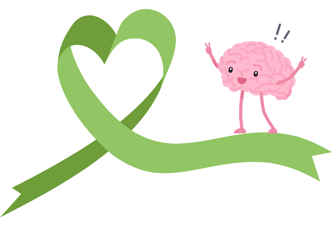 Green mental health awareness ribbon and a brain character